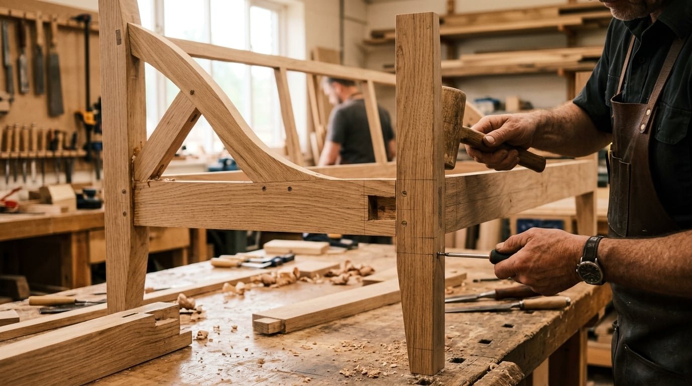 Primer plano de la estructura de madera de un sofá siendo ensamblada a mano en un taller artesanal