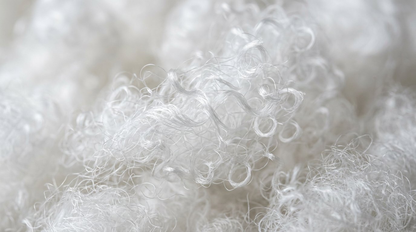 Macro de fibra hueca siliconada de poliéster: fibras blancas suaves y esponjosas con textura ligera y aireada