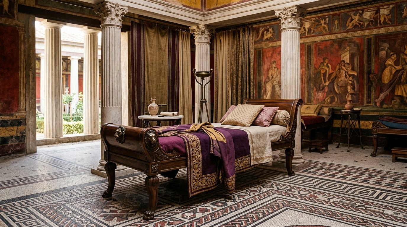 Diván o kliné romano-griego antiguo decorado con maderas nobles y telas de calidad en una villa clásica