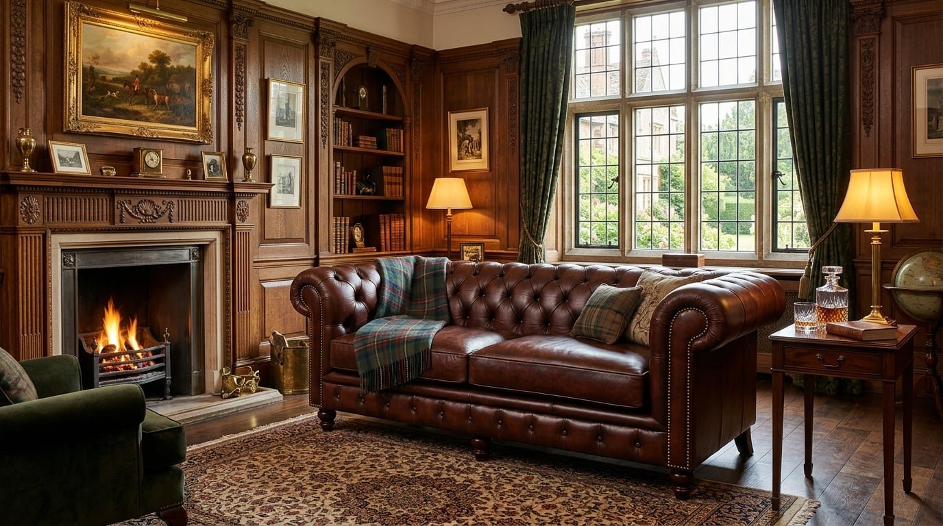 Sofá Chesterfield clásico de cuero con capitoné y brazos enrollados en un salón elegante de estilo británico