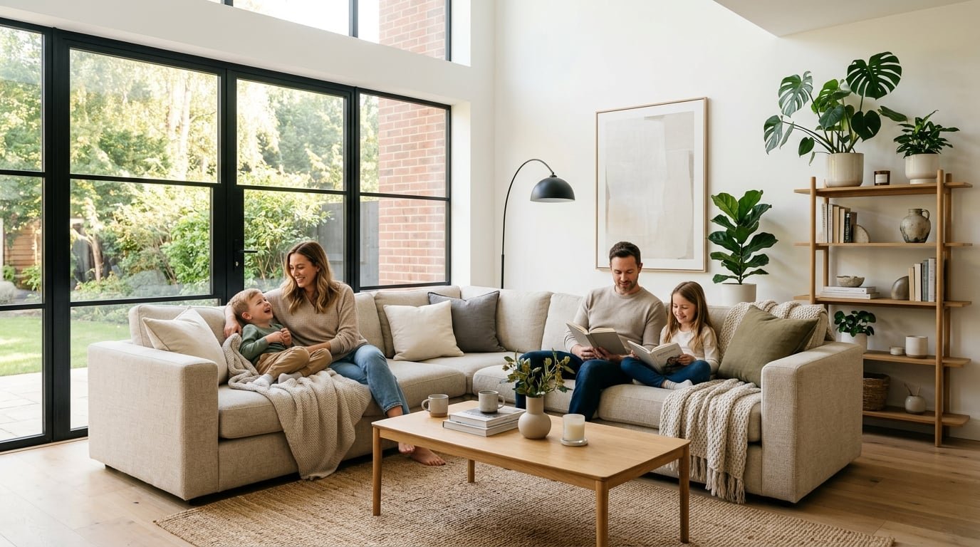Salón moderno y luminoso con un sofá contemporáneo y una familia disfrutando del espacio