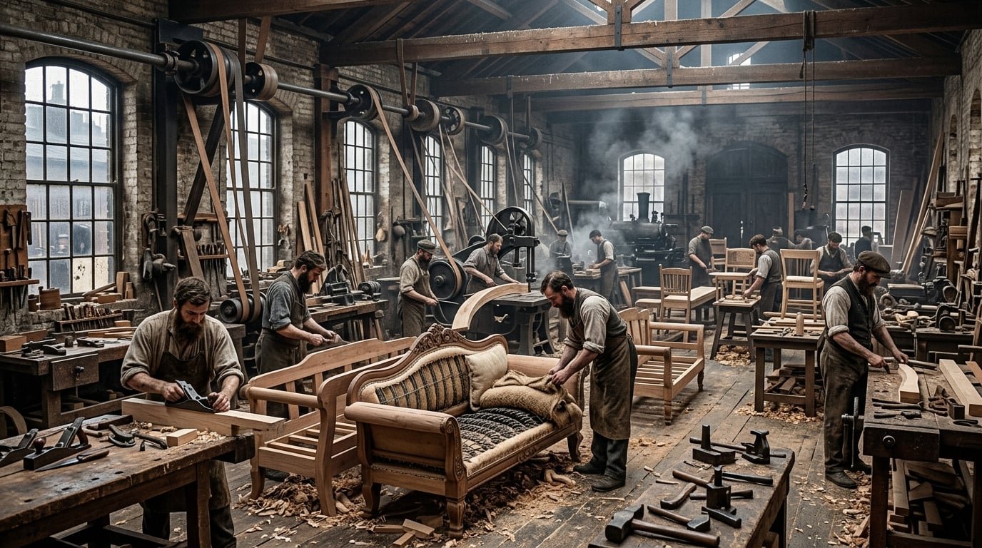 Taller de muebles del siglo XIX durante la Revolución Industrial con artesanos fabricando sofás y maquinaria de la época