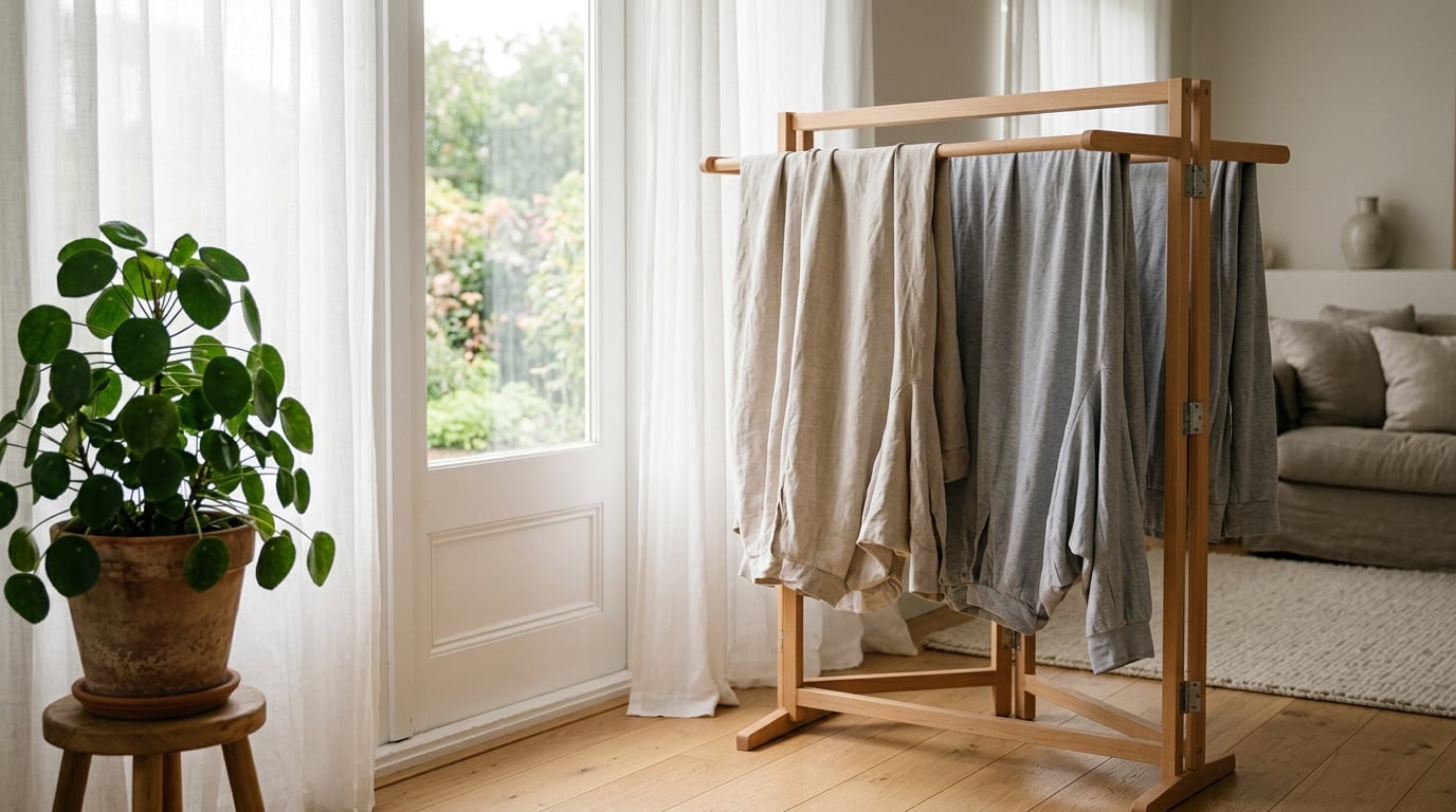 Fundas de sofá secándose de forma natural en un tendedero interior junto a una ventana