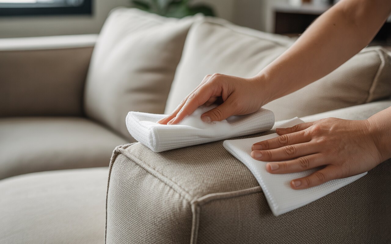 Manos aplicando espuma en seco con un paño de microfibra sobre la tela de un sofá