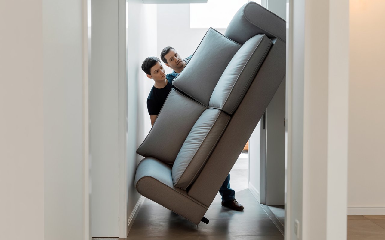 Dos personas maniobrando un sofá por una puerta estrecha mostrando la importancia de comprobar los accesos