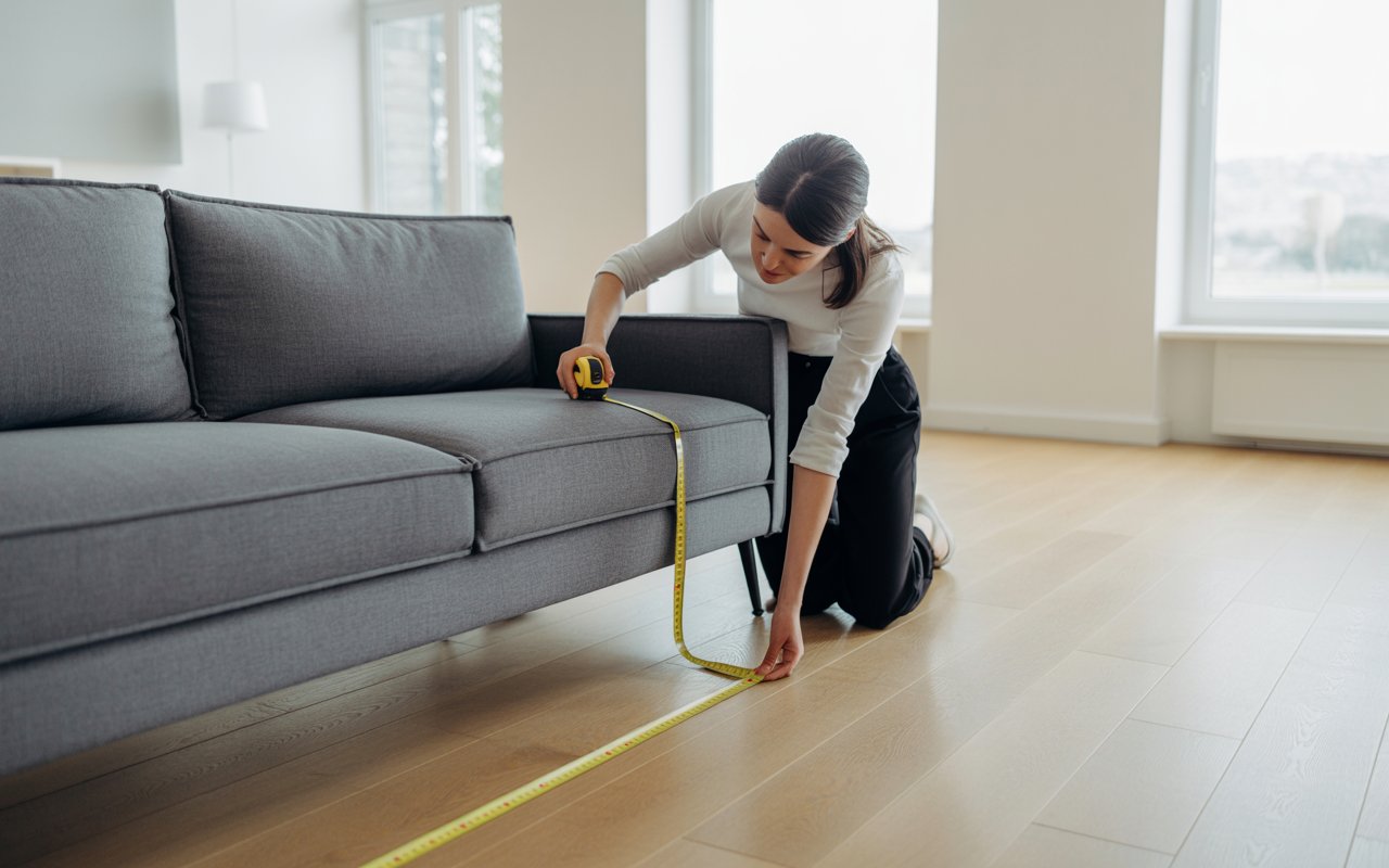 Persona midiendo un sofá con cinta métrica en un salón moderno y luminoso