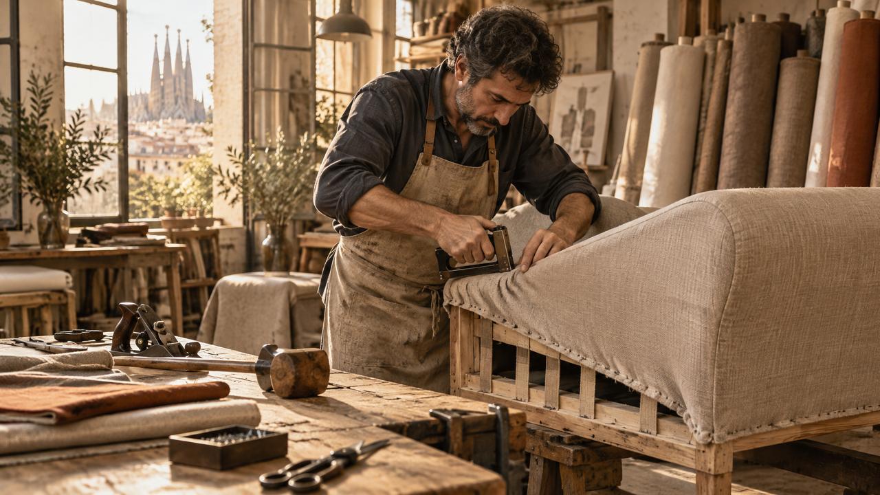 Artesano tapizando un sofá a medida en el taller de Sofàs Molist en Barcelona