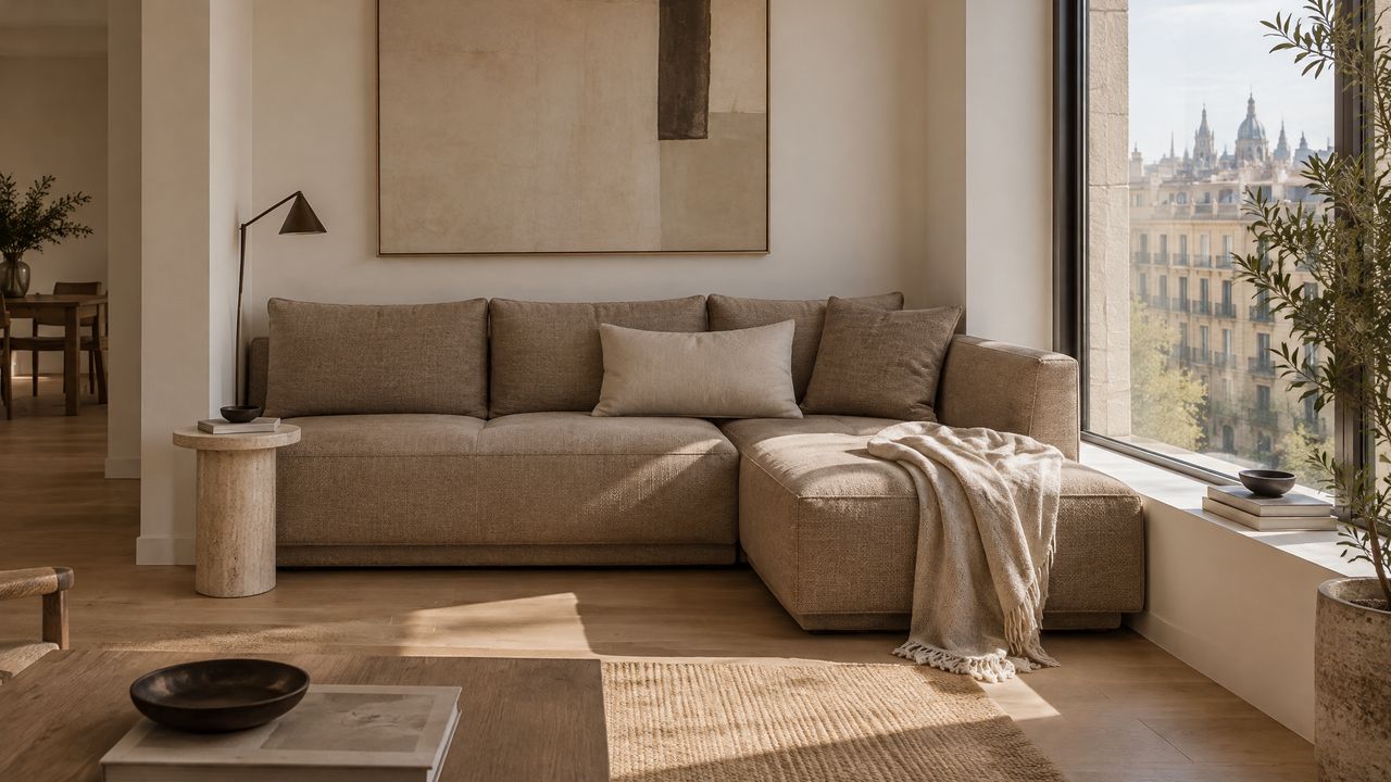 Sofá a medida encajado perfectamente en un salón con espacio reducido