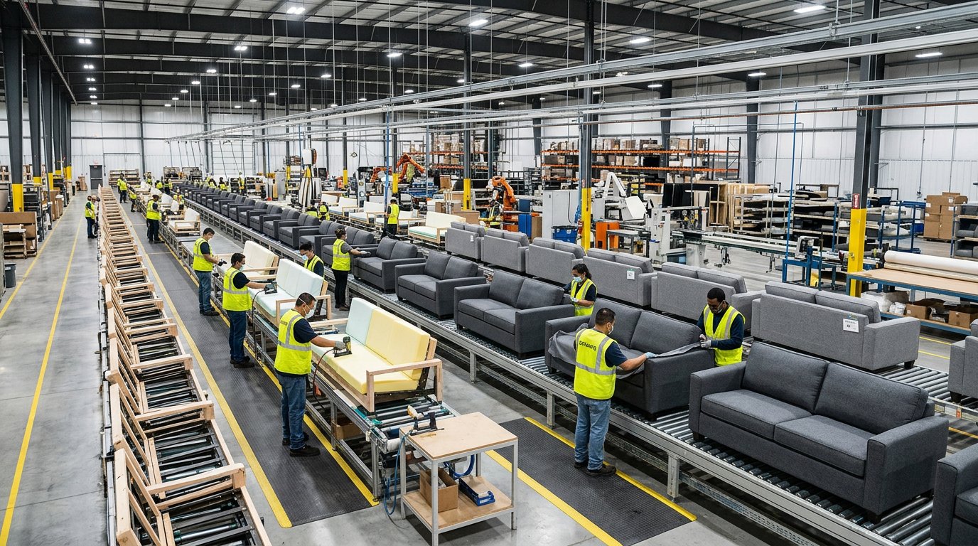Línea de producción industrial de sofás en una fábrica moderna con muchos sofás idénticos en serie