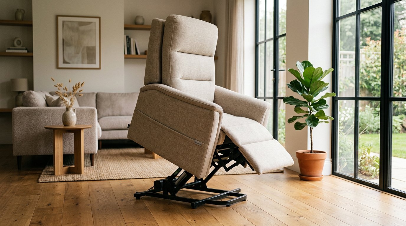 Sillón elevador en posición elevada e inclinada hacia delante para ayudar a la persona a ponerse de pie