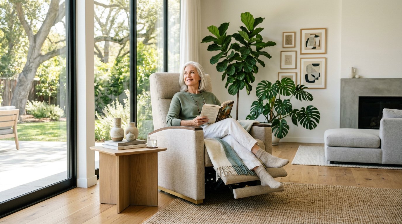 Sillón elevador elegante en un salón luminoso con una persona mayor sentada cómodamente