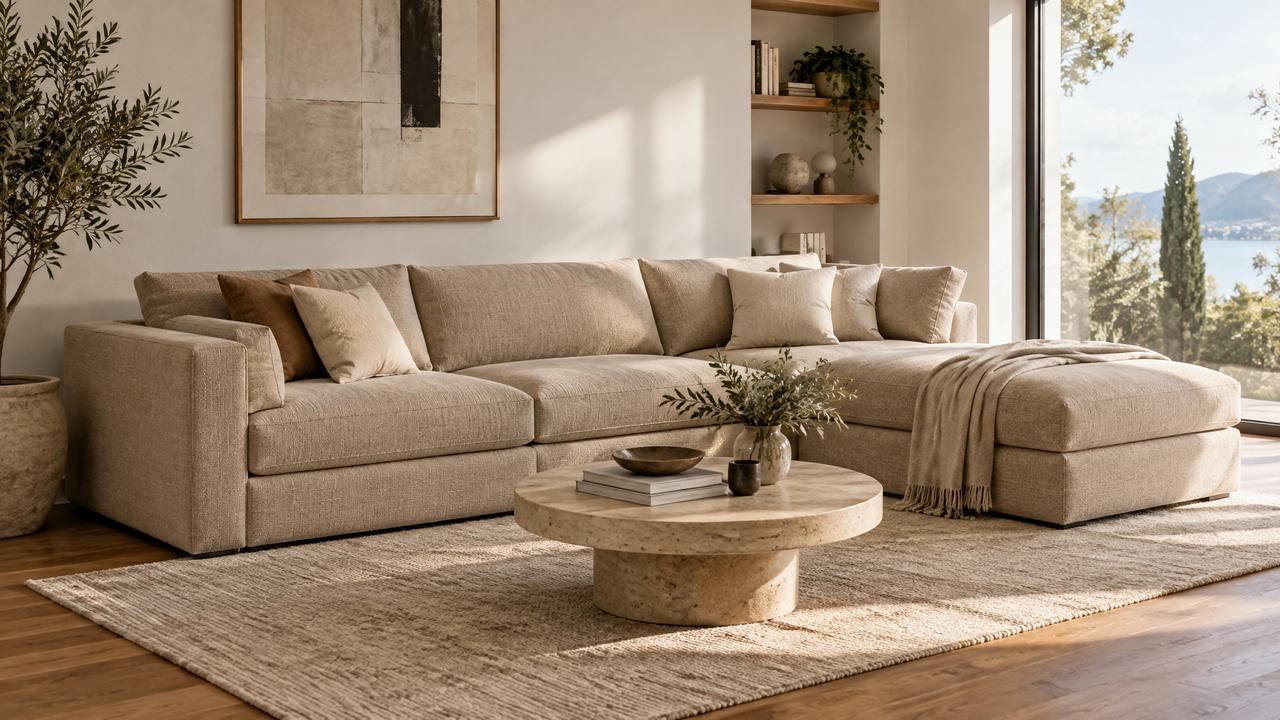 Sofá cama a medida con chaise longue en rinconera integrado en un salón moderno