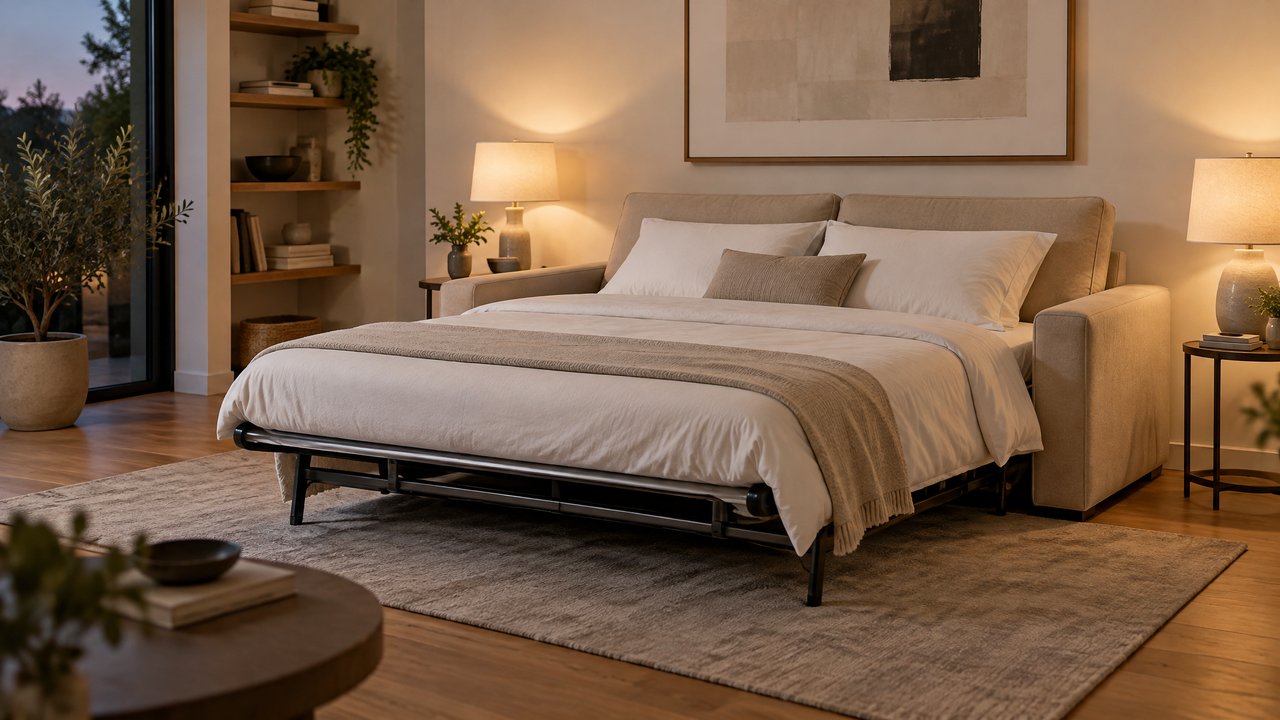 Sofá cama con sistema italiano abierto, con su propio colchón y la cama hecha con sábanas blancas