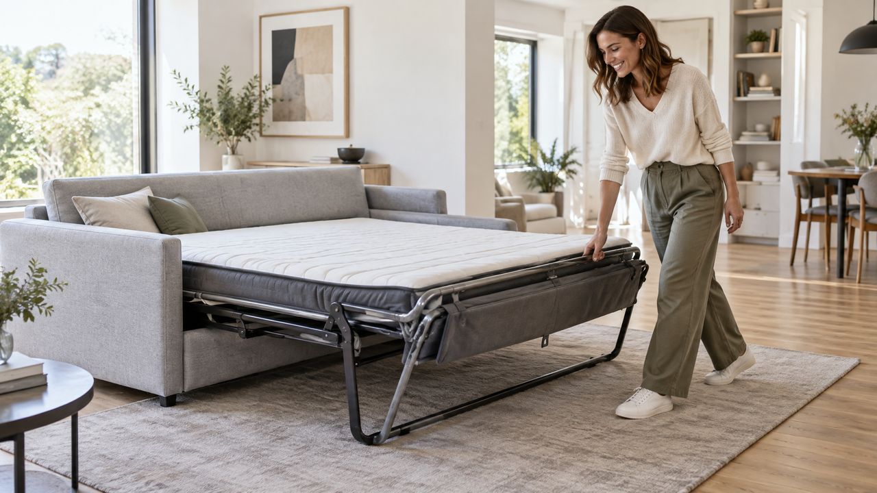 Persona abriendo con una sola mano un sofá cama moderno de forma fácil y rápida