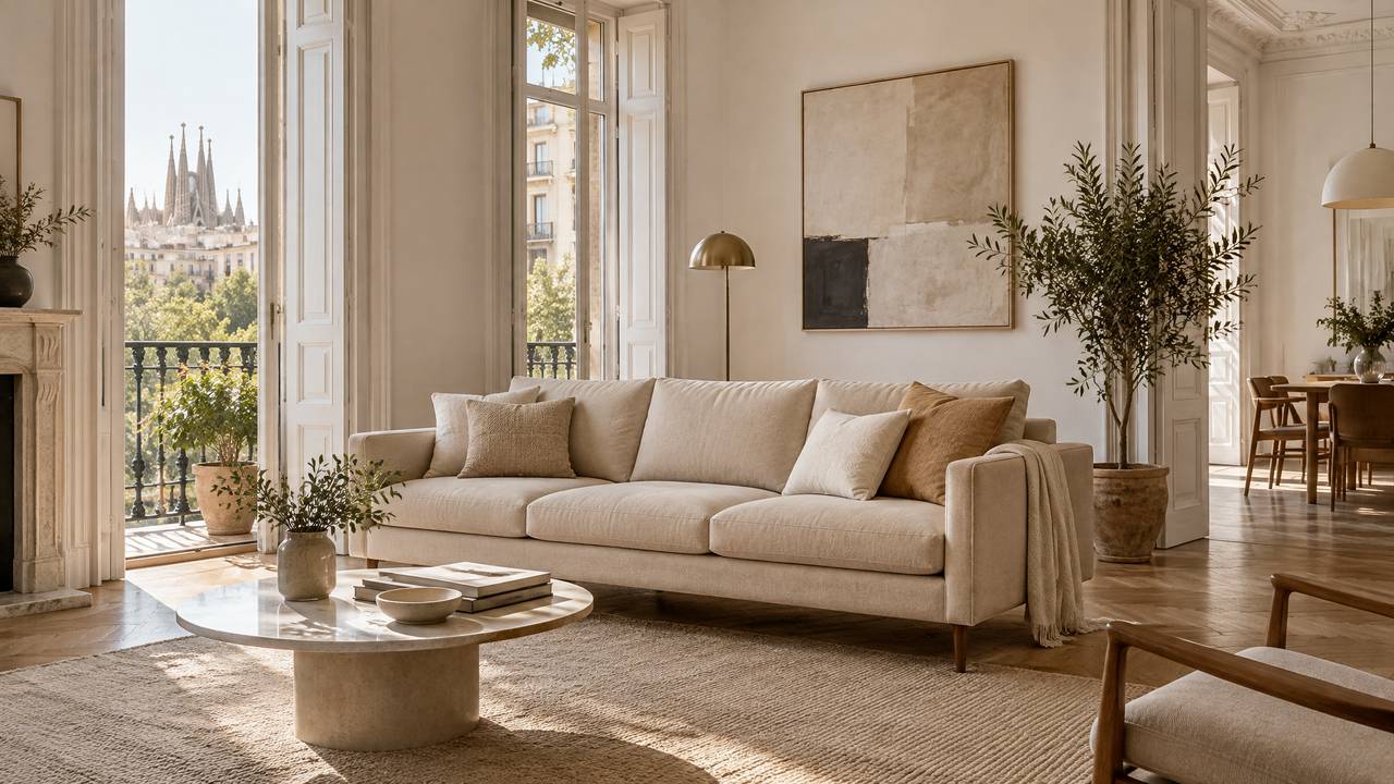 Sofá elegante en un salón luminoso que durante el día parece un sofá normal pero es un sofá cama con sistema italiano