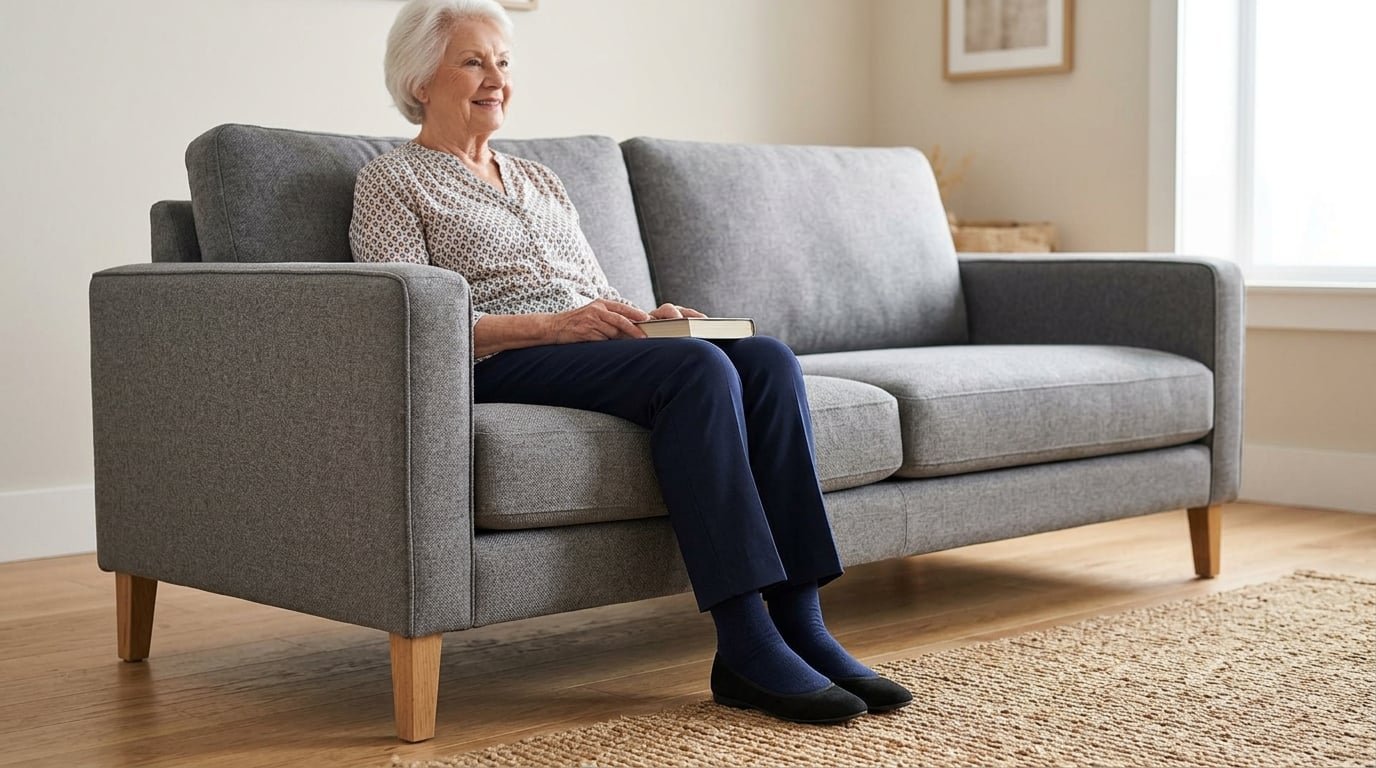 Vista lateral de un sofá mostrando la altura de sentada correcta para personas mayores con los pies apoyados en el suelo