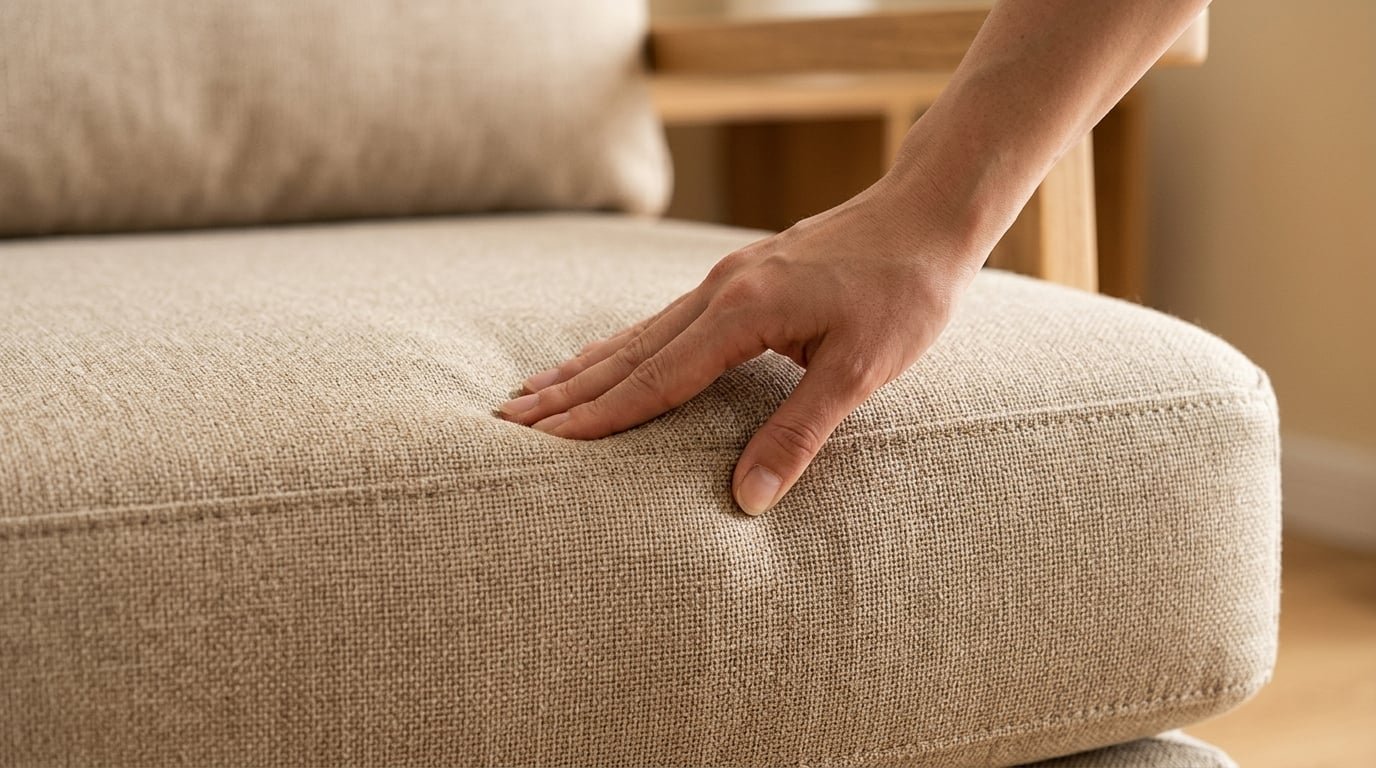 Primer plano de un asiento de sofá de densidad media-alta mostrando la firmeza y soporte del cojín