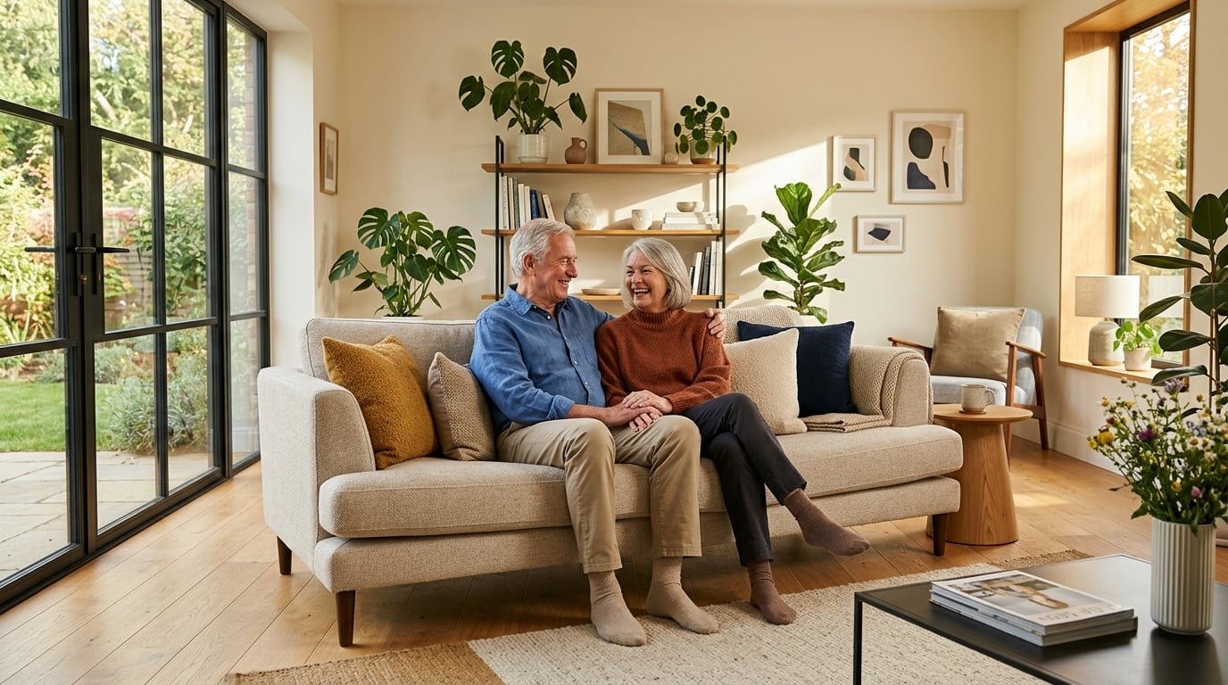Pareja de personas mayores sentados cómodamente en un sofá con buena altura de sentada en un salón moderno