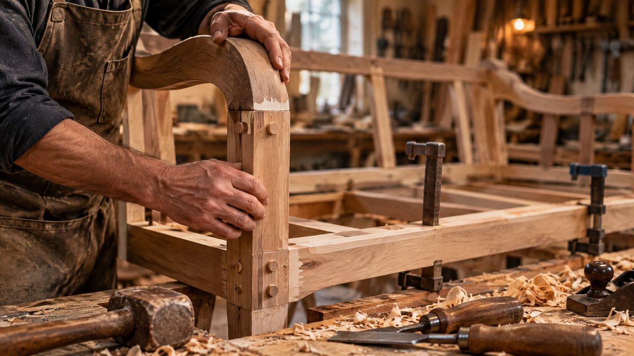 Manos de un artesano revisando una estructura de madera maciza de un sofá en un taller