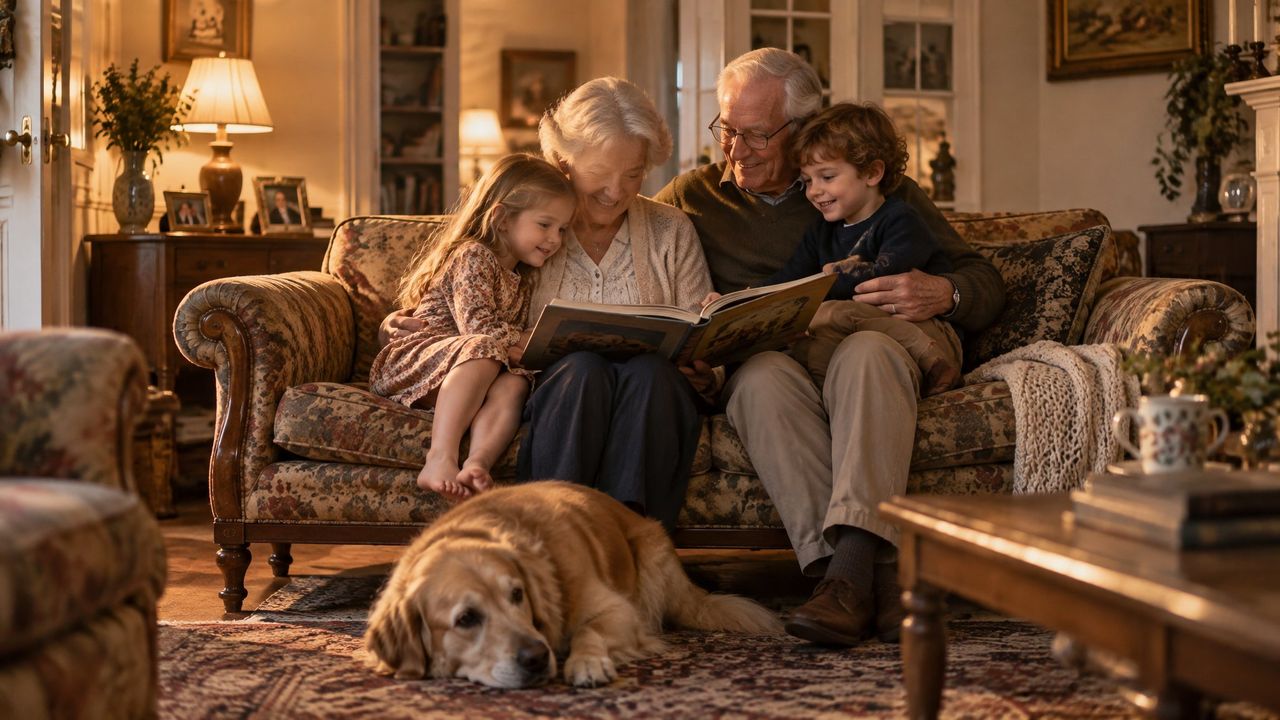 Abuelos y nietos juntos en un sofá clásico de toda la vida en un salón acogedor
