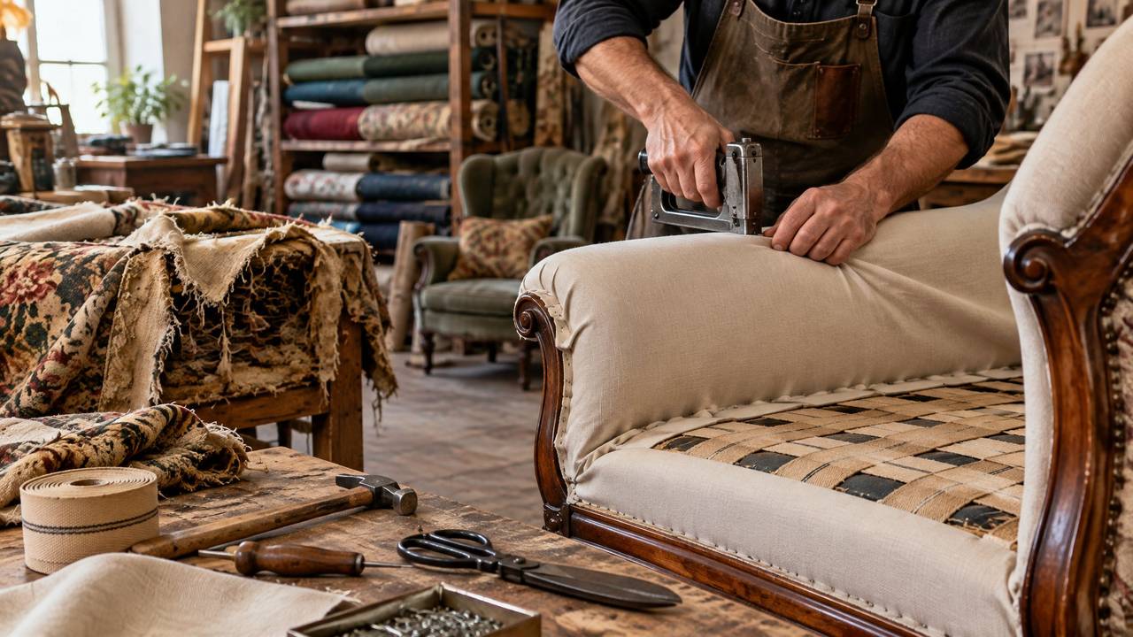 Manos de un tapicero colocando tela nueva sobre un sofá clásico en un taller de tapicería