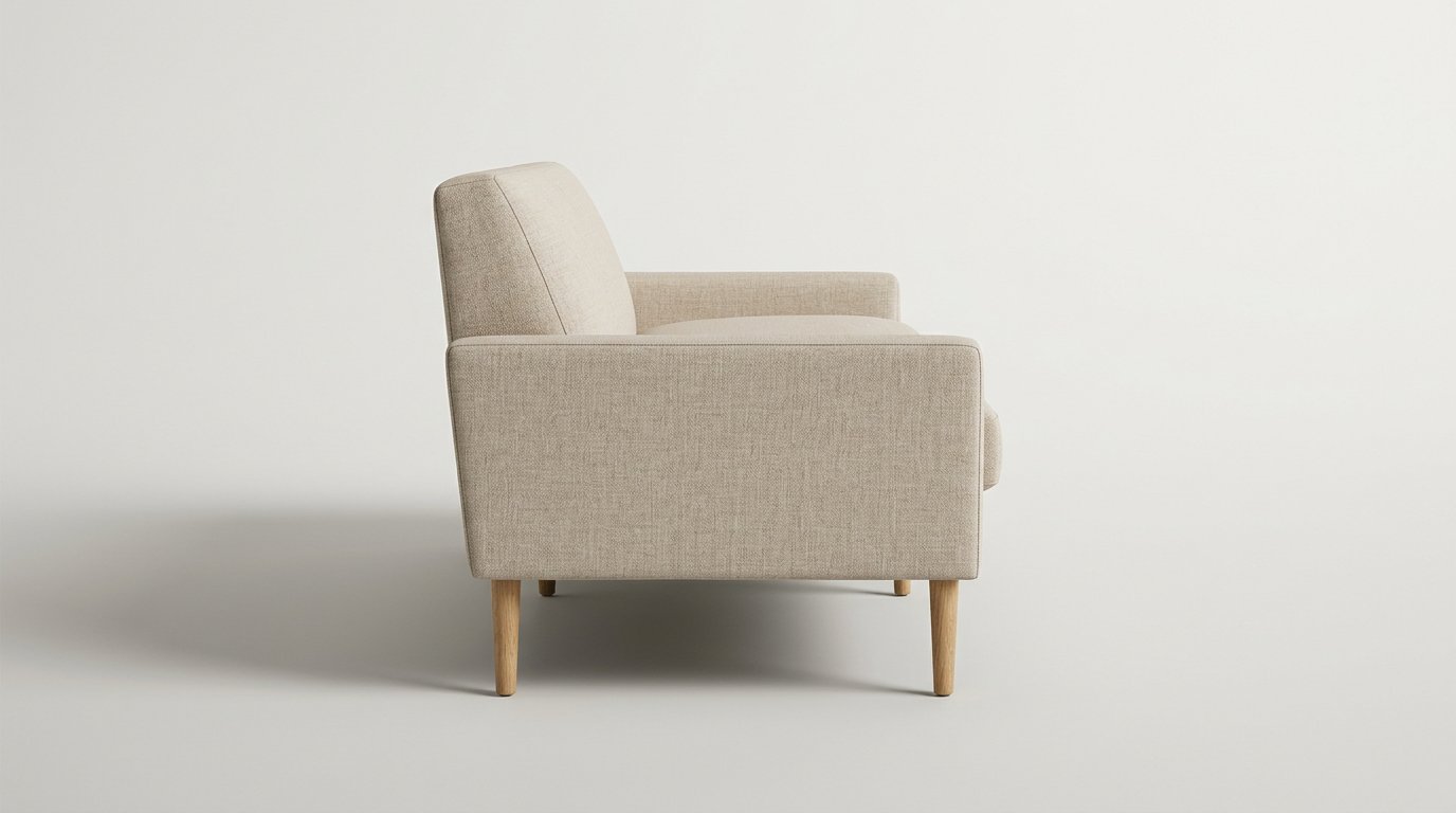Vista lateral de un sofá moderno que muestra con claridad sus medidas: ancho, profundidad, altura del asiento y brazos