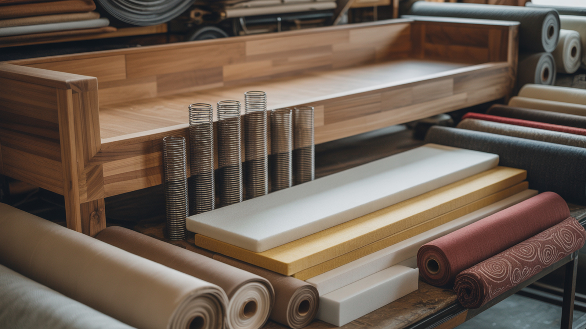 Materias primas de calidad para fabricación artesanal de sofás: madera, muelles, goma HR y telas premium