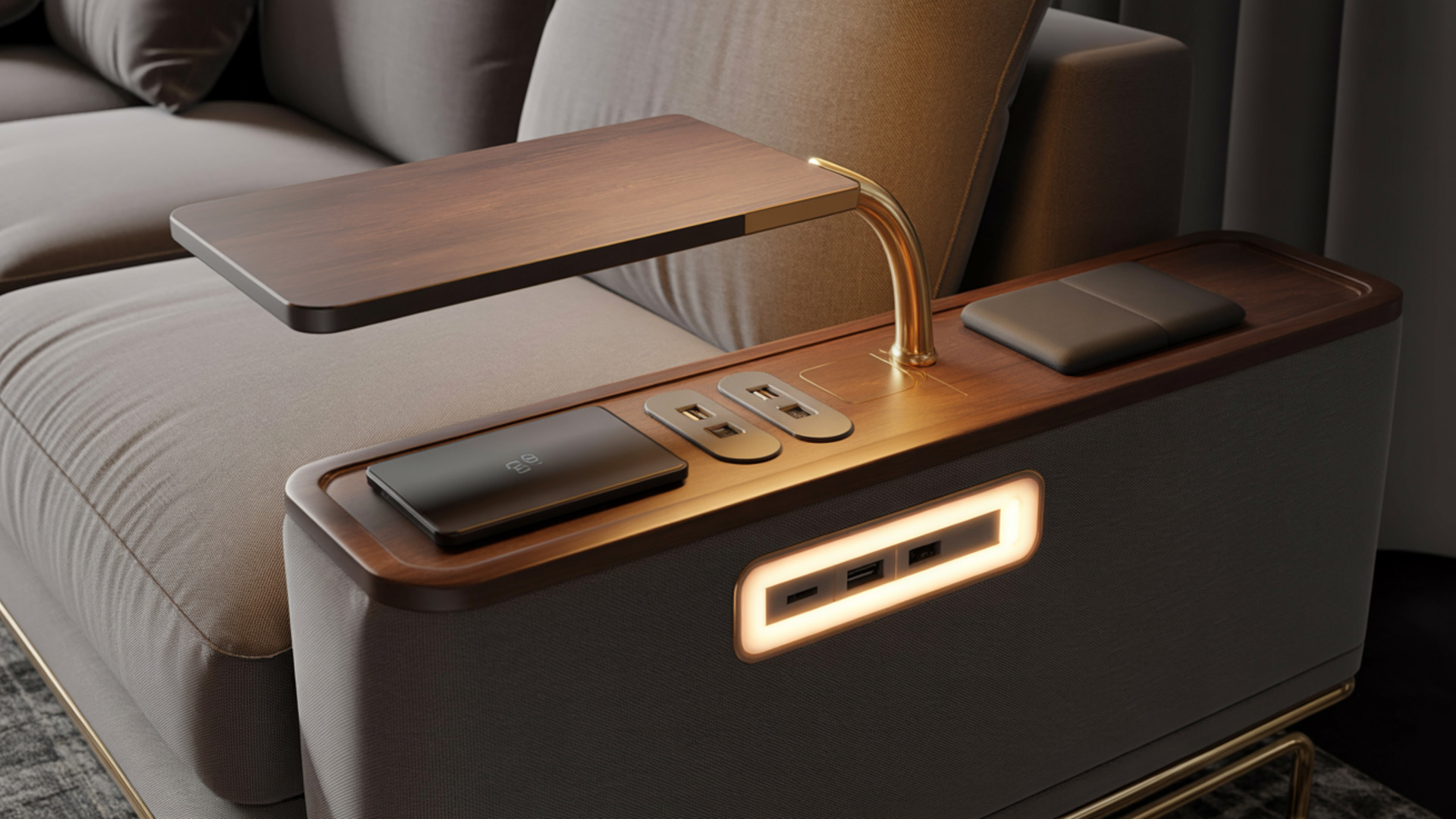 Complementos de lujo integrados en un sofá: mesa plegable, USB, posavasos